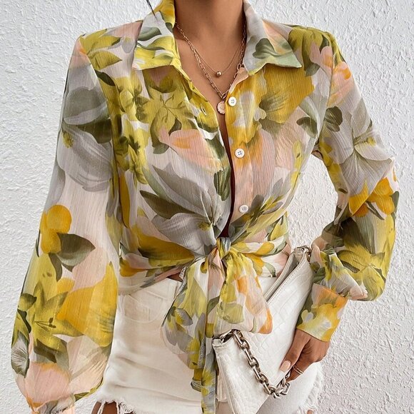 Yellow Boho Women's  Turn-Down Collar Button down floral blouse - Picture 6 of 6